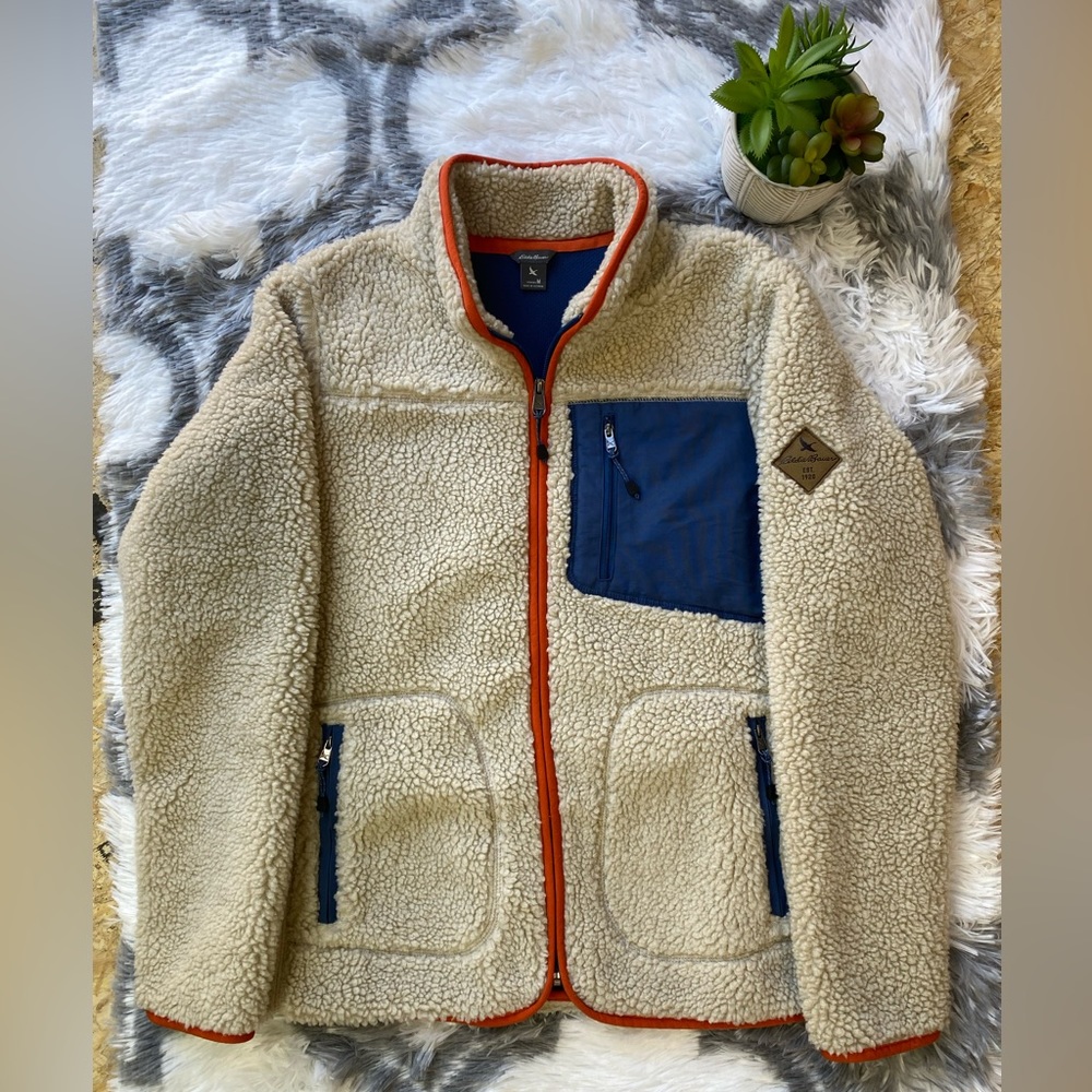 Eddie Bauer Sherpa Fleece  Jacket Oatmeal Deep Pile Range Finder Womens Size M